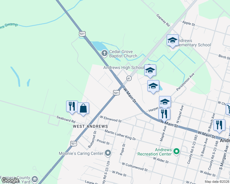 map of restaurants, bars, coffee shops, grocery stores, and more near 9 U.S. 521 in Andrews