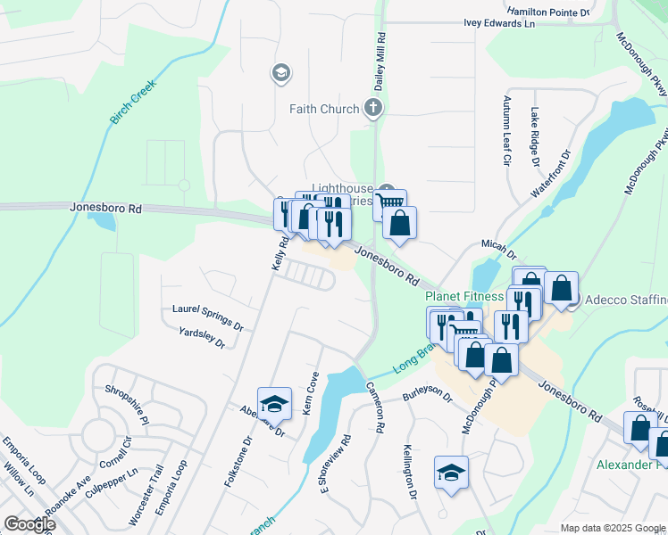 map of restaurants, bars, coffee shops, grocery stores, and more near 615 Magnolia Gardens Walk in McDonough