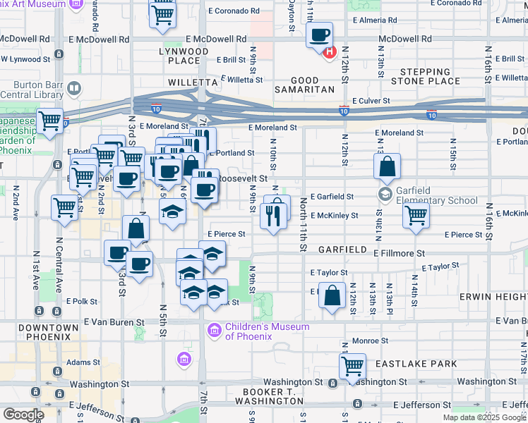 map of restaurants, bars, coffee shops, grocery stores, and more near 916 East McKinley Street in Phoenix