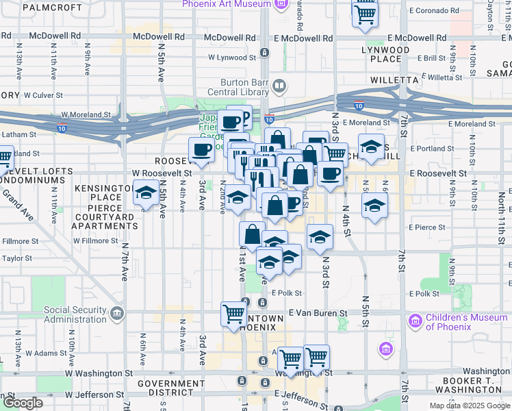 map of restaurants, bars, coffee shops, grocery stores, and more near 800 North Central Avenue in Phoenix