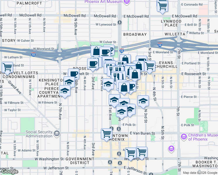 map of restaurants, bars, coffee shops, grocery stores, and more near 802 North 1st Avenue in Phoenix