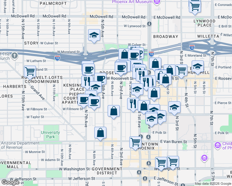 map of restaurants, bars, coffee shops, grocery stores, and more near 821 North 4th Avenue in Phoenix
