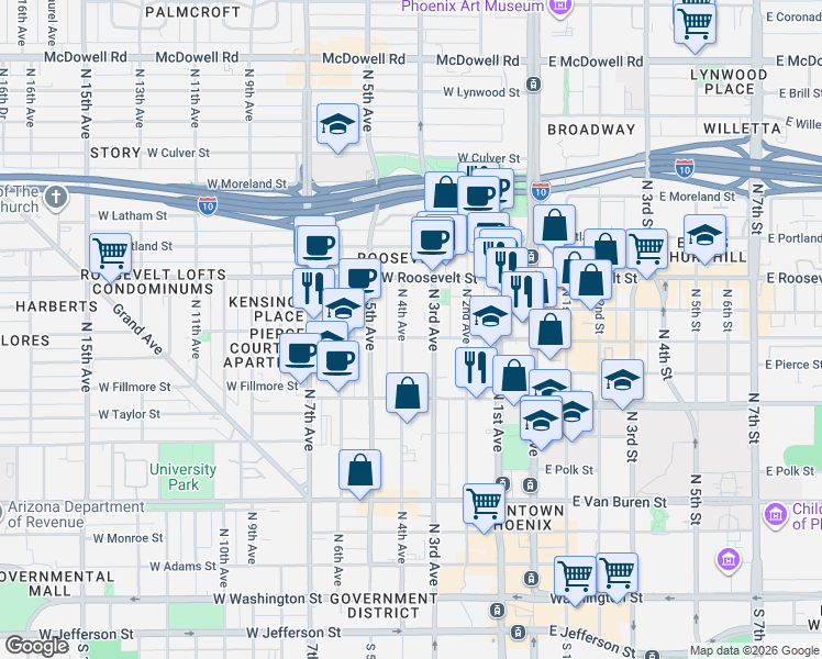 map of restaurants, bars, coffee shops, grocery stores, and more near 821 North 4th Avenue in Phoenix