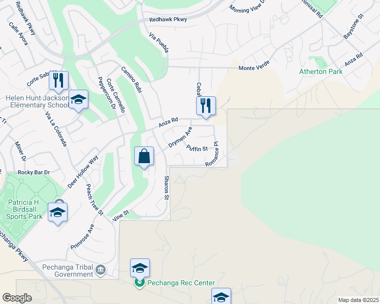 map of restaurants, bars, coffee shops, grocery stores, and more near 33099 Puffin Street in Temecula