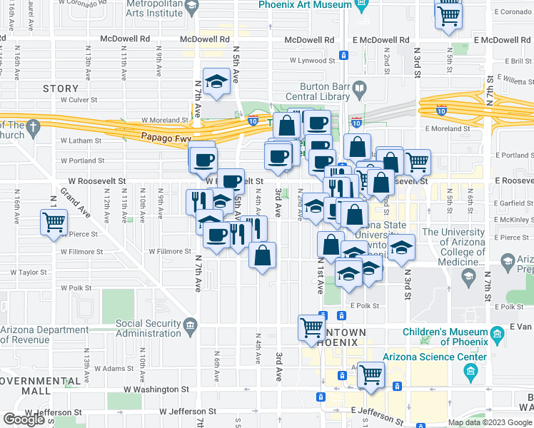 map of restaurants, bars, coffee shops, grocery stores, and more near 821 North 4th Avenue in Phoenix