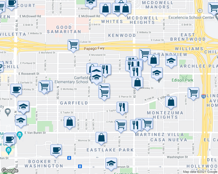 map of restaurants, bars, coffee shops, grocery stores, and more near 1409 East Garfield Street in Phoenix