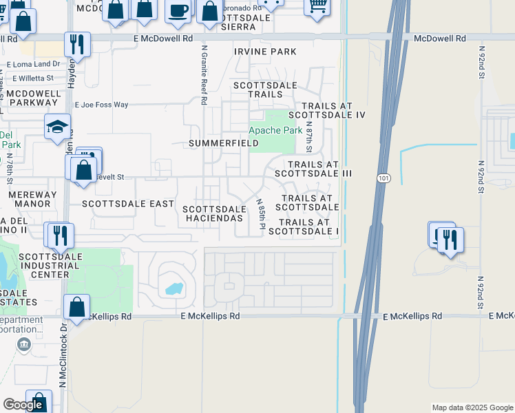 map of restaurants, bars, coffee shops, grocery stores, and more near 937 North 85th Place in Scottsdale