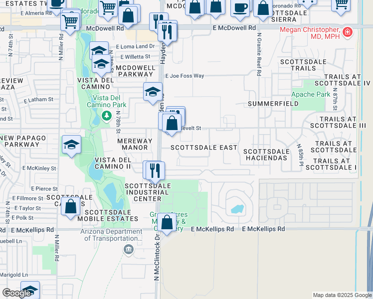 map of restaurants, bars, coffee shops, grocery stores, and more near 8029 East Roosevelt Street in Scottsdale