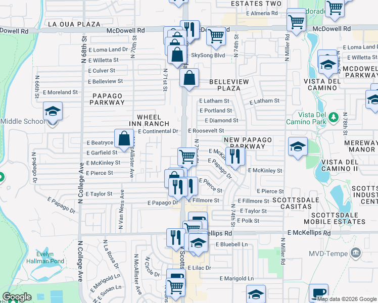 map of restaurants, bars, coffee shops, grocery stores, and more near 902 North 72nd Place in Scottsdale