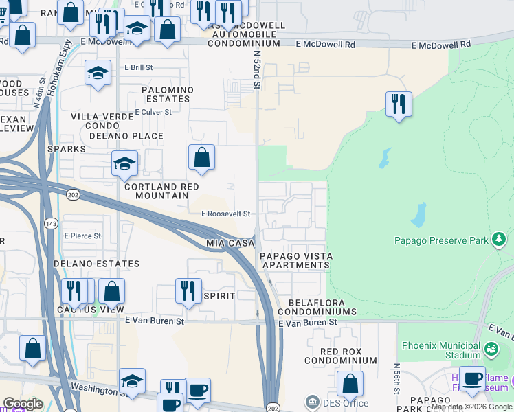 map of restaurants, bars, coffee shops, grocery stores, and more near 1050 North 52nd Street in Phoenix