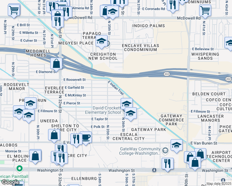 map of restaurants, bars, coffee shops, grocery stores, and more near 3525 East Garfield Street in Phoenix