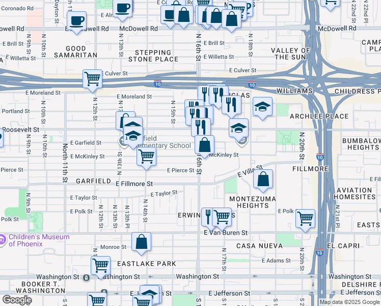 map of restaurants, bars, coffee shops, grocery stores, and more near 1533 East Garfield Street in Phoenix