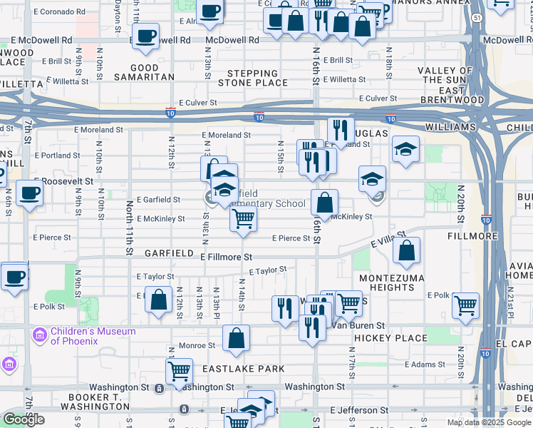 map of restaurants, bars, coffee shops, grocery stores, and more near 1445 East Garfield Street in Phoenix