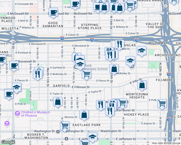map of restaurants, bars, coffee shops, grocery stores, and more near 1409 East Garfield Street in Phoenix
