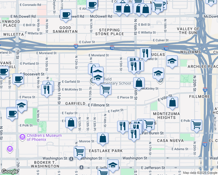 map of restaurants, bars, coffee shops, grocery stores, and more near 1409 East Garfield Street in Phoenix
