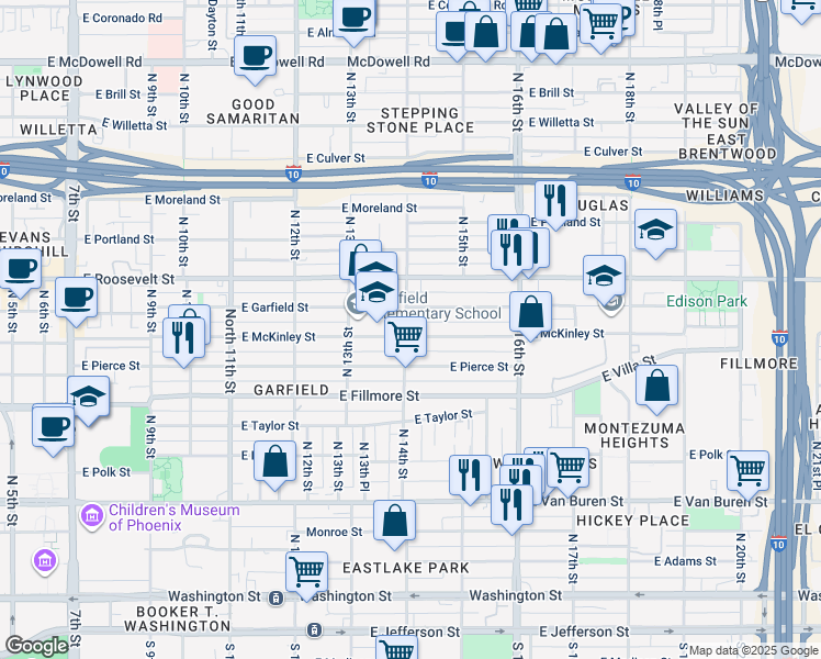 map of restaurants, bars, coffee shops, grocery stores, and more near 1409 East Garfield Street in Phoenix