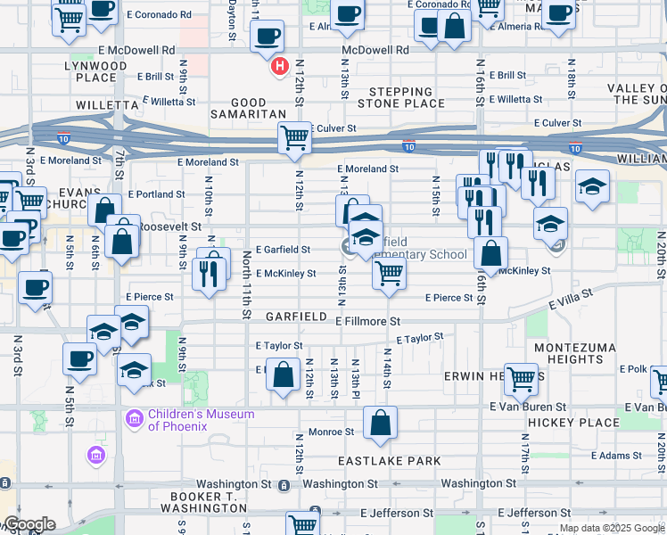 map of restaurants, bars, coffee shops, grocery stores, and more near 1245 East Garfield Street in Phoenix