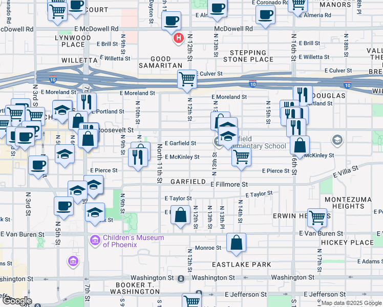 map of restaurants, bars, coffee shops, grocery stores, and more near 1209 East Garfield Street in Phoenix