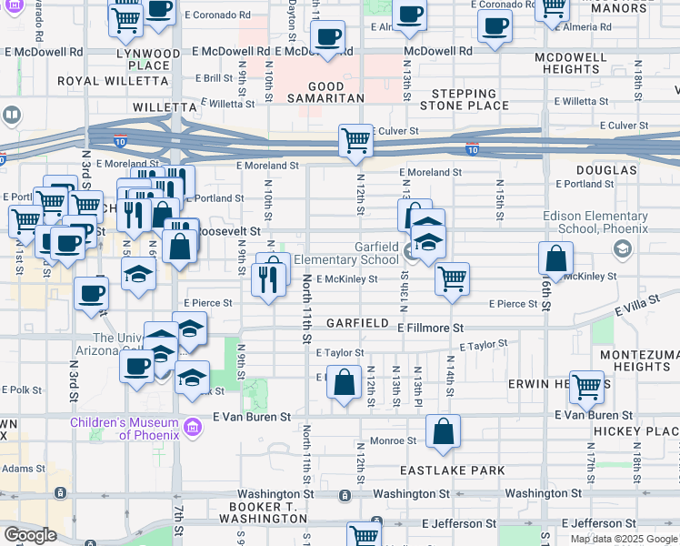 map of restaurants, bars, coffee shops, grocery stores, and more near 1129 East Garfield Street in Phoenix