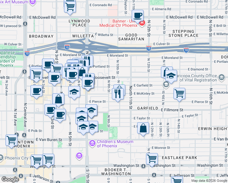 map of restaurants, bars, coffee shops, grocery stores, and more near 901 East Garfield Street in Phoenix