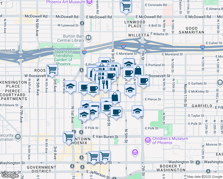 map of restaurants, bars, coffee shops, grocery stores, and more near 821 North 3rd Street in Phoenix