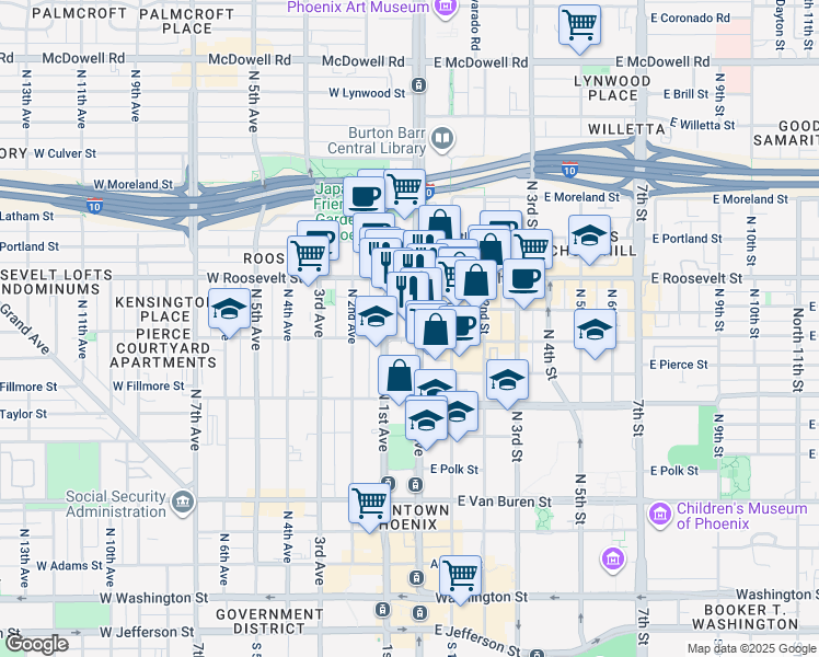 map of restaurants, bars, coffee shops, grocery stores, and more near 814 North Central Avenue in Phoenix