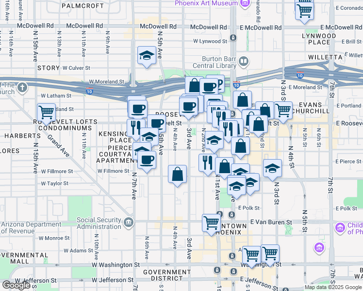 map of restaurants, bars, coffee shops, grocery stores, and more near 821 North 4th Avenue in Phoenix