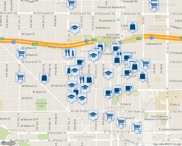 map of restaurants, bars, coffee shops, grocery stores, and more near 821 North 4th Avenue in Phoenix