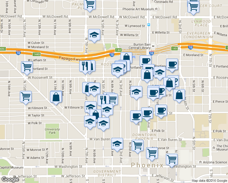 map of restaurants, bars, coffee shops, grocery stores, and more near 821 North 4th Avenue in Phoenix