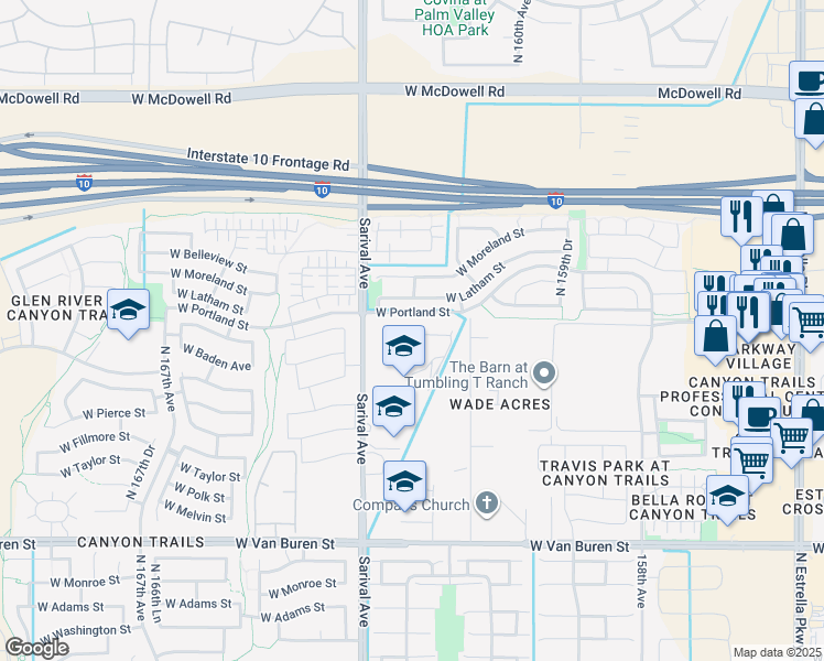 map of restaurants, bars, coffee shops, grocery stores, and more near 16181 West Latham Street in Goodyear