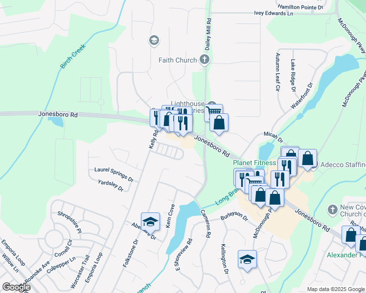 map of restaurants, bars, coffee shops, grocery stores, and more near 615 Magnolia Gardens Walk in McDonough