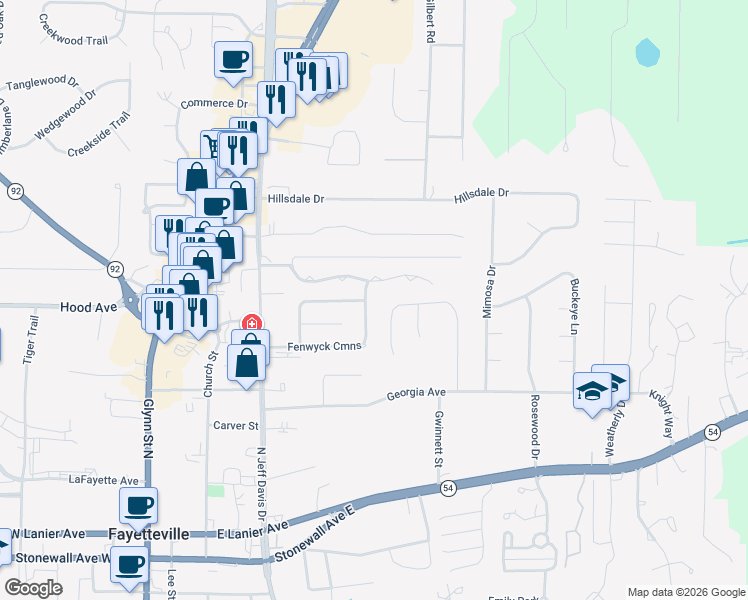 map of restaurants, bars, coffee shops, grocery stores, and more near 255 Fenwyck Cmns in Fayetteville