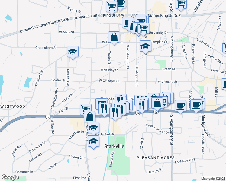 map of restaurants, bars, coffee shops, grocery stores, and more near 121 East Gillespie Street in Starkville