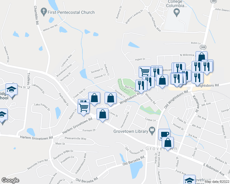 map of restaurants, bars, coffee shops, grocery stores, and more near 618 Goodale Lane in Grovetown