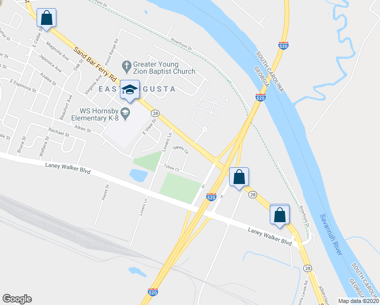 map of restaurants, bars, coffee shops, grocery stores, and more near 220 Sapelo Circle in Augusta