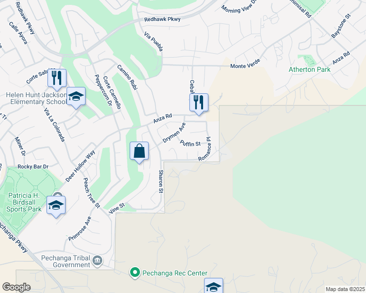 map of restaurants, bars, coffee shops, grocery stores, and more near 33099 Puffin Street in Temecula