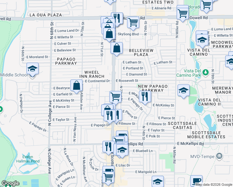 map of restaurants, bars, coffee shops, grocery stores, and more near 902 North 72nd Place in Scottsdale