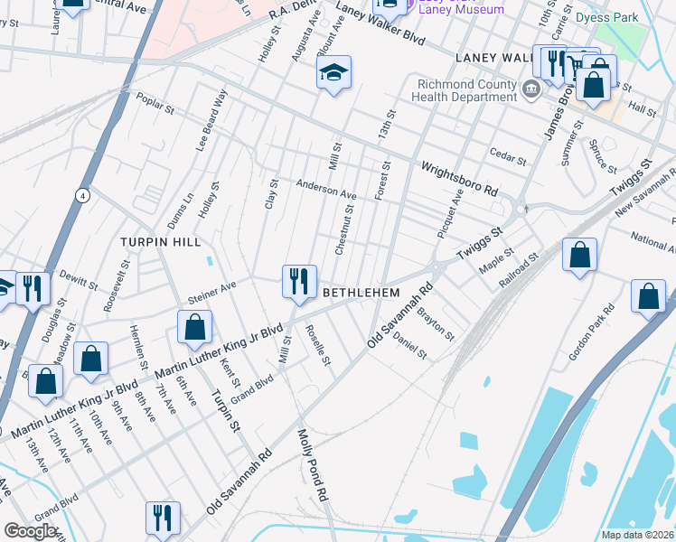 map of restaurants, bars, coffee shops, grocery stores, and more near 1626 Chestnut Street in Augusta