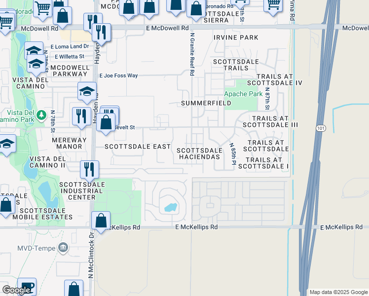map of restaurants, bars, coffee shops, grocery stores, and more near 980 North Granite Reef Road in Scottsdale