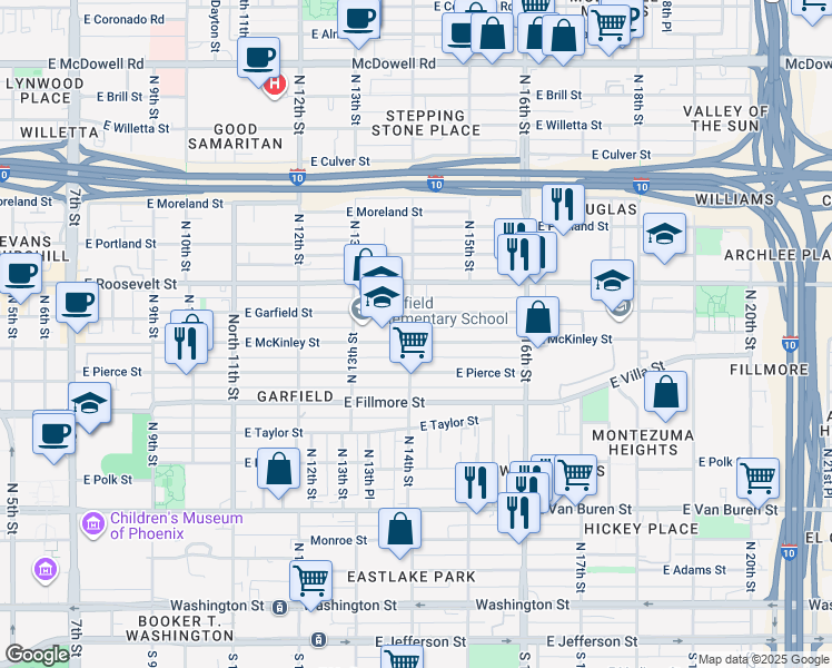 map of restaurants, bars, coffee shops, grocery stores, and more near 1409 East Garfield Street in Phoenix