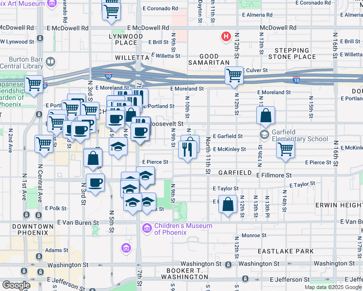map of restaurants, bars, coffee shops, grocery stores, and more near 916 East McKinley Street in Phoenix