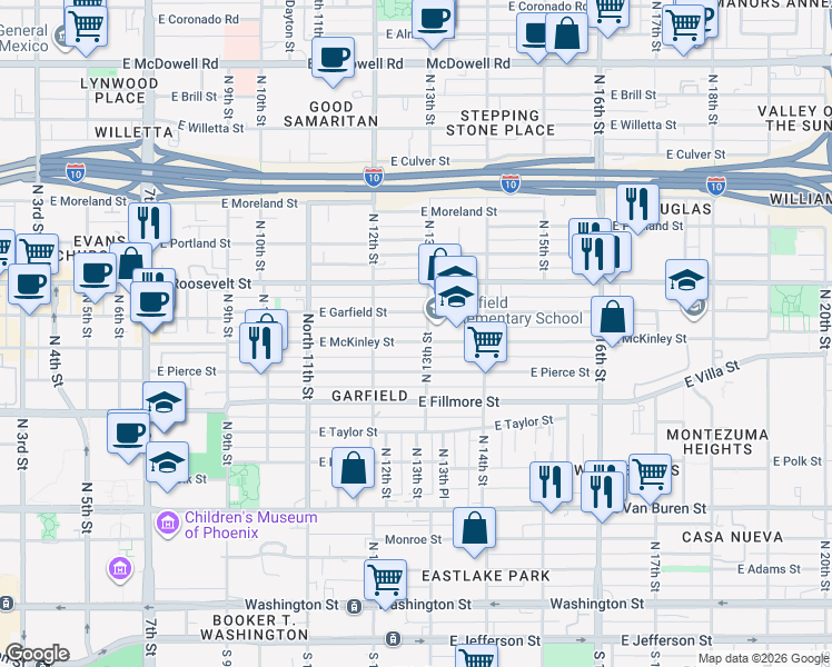 map of restaurants, bars, coffee shops, grocery stores, and more near 1245 East Garfield Street in Phoenix