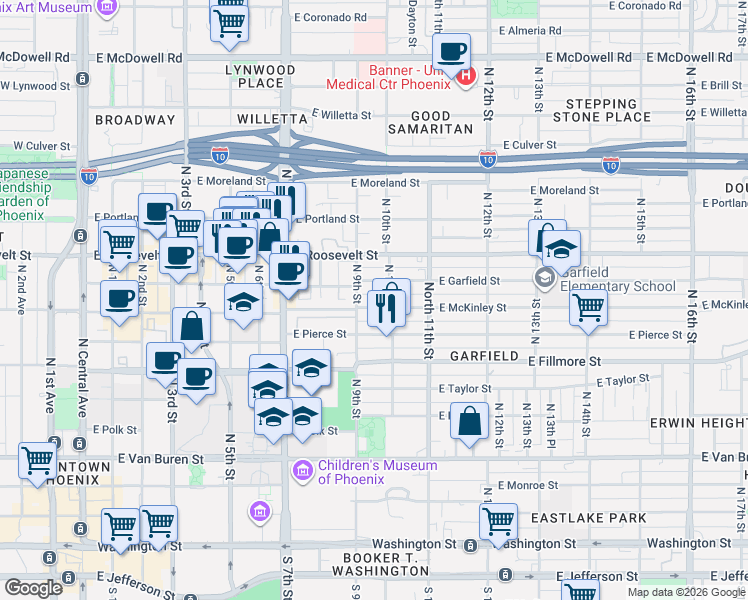 map of restaurants, bars, coffee shops, grocery stores, and more near 901 East Garfield Street in Phoenix