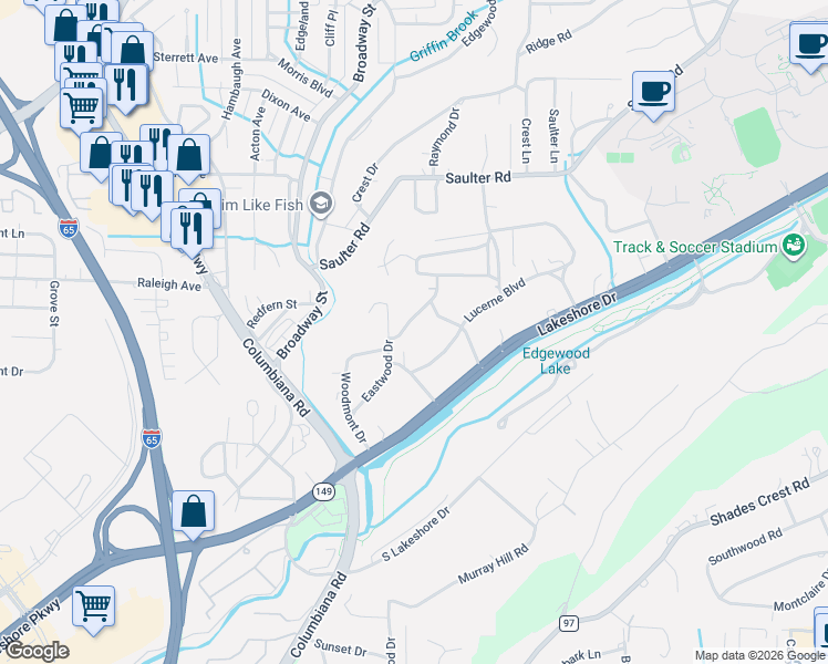 map of restaurants, bars, coffee shops, grocery stores, and more near 109 Windhaven Road in Birmingham