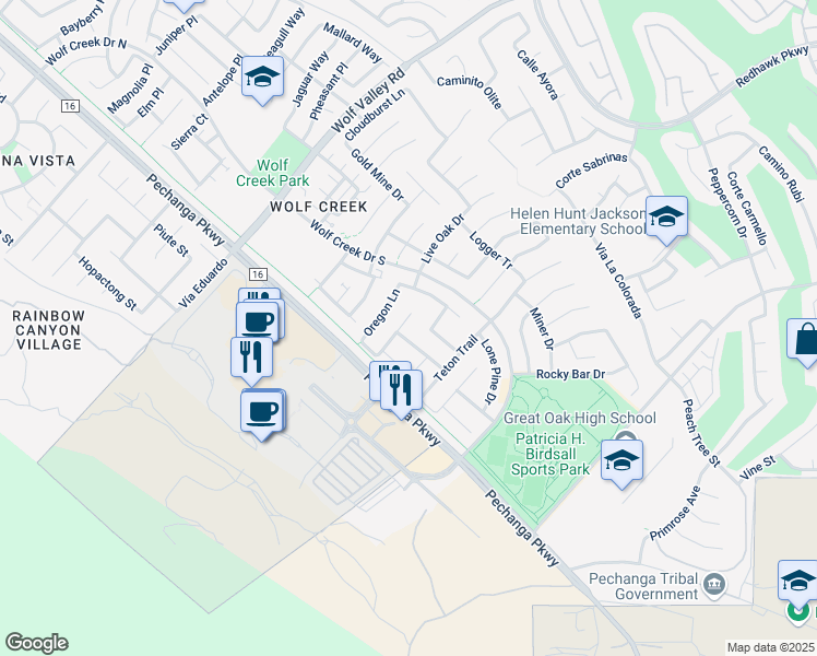 map of restaurants, bars, coffee shops, grocery stores, and more near 31951 Whitetail Lane in Temecula