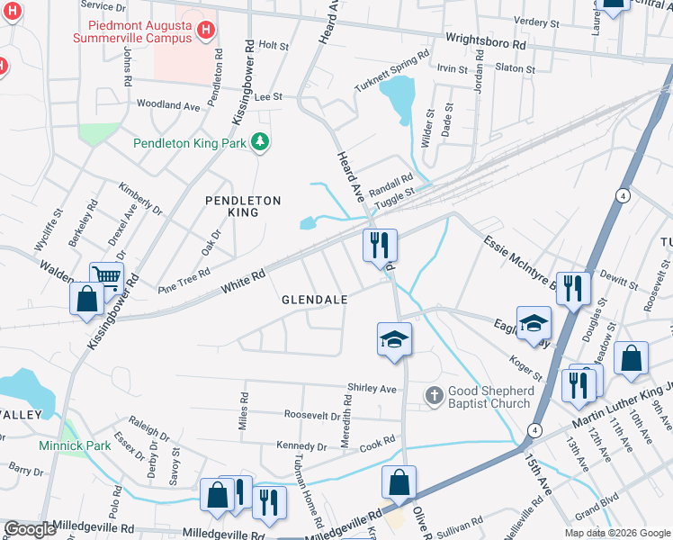 map of restaurants, bars, coffee shops, grocery stores, and more near 1603 Cornell Drive in Augusta