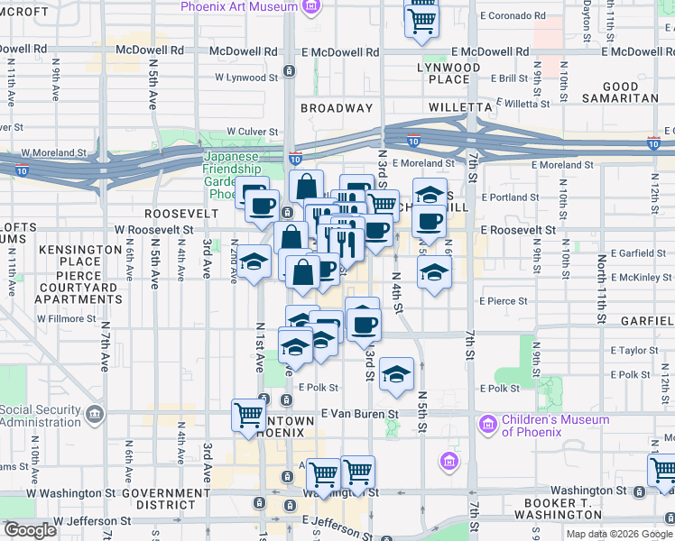 map of restaurants, bars, coffee shops, grocery stores, and more near 810 North 2nd Street in Phoenix