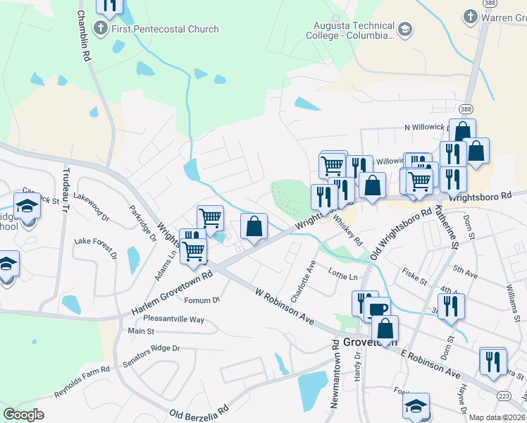 map of restaurants, bars, coffee shops, grocery stores, and more near 623 Goodale Lane in Grovetown
