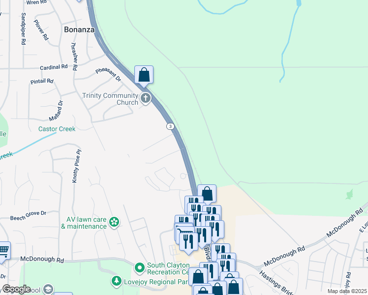 map of restaurants, bars, coffee shops, grocery stores, and more near 10938 Tara Boulevard in Bonanza