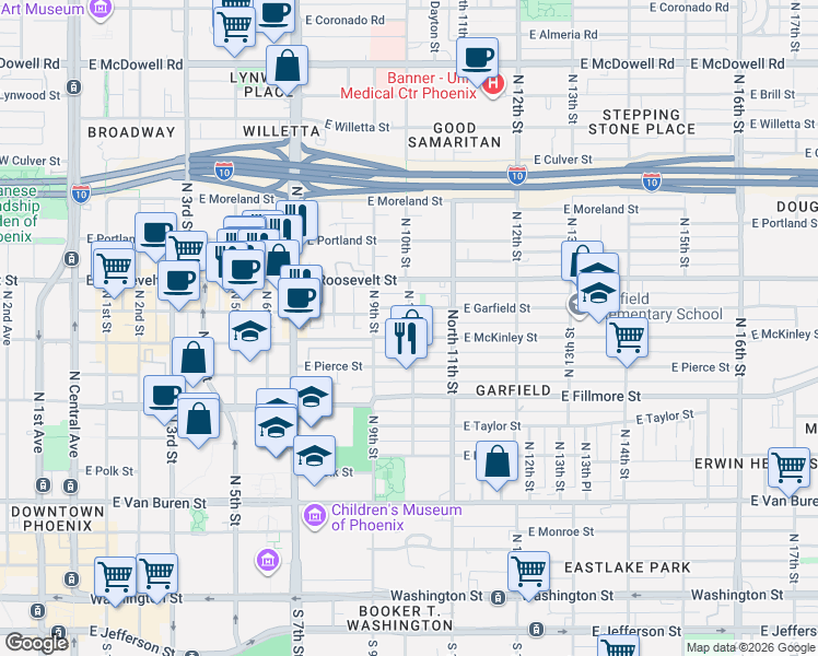map of restaurants, bars, coffee shops, grocery stores, and more near 1001 East Garfield Street in Phoenix